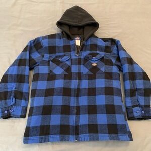 Dickies Jacket Boys XL 20 Blue Black Plaid‎ Hooded Flannel Quilted Lined Zip